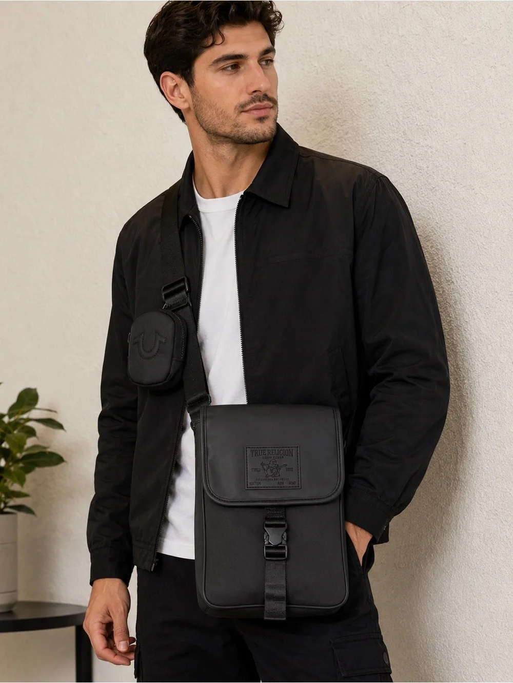 True Religion Black Leather Messenger Crossbody Bag for Men